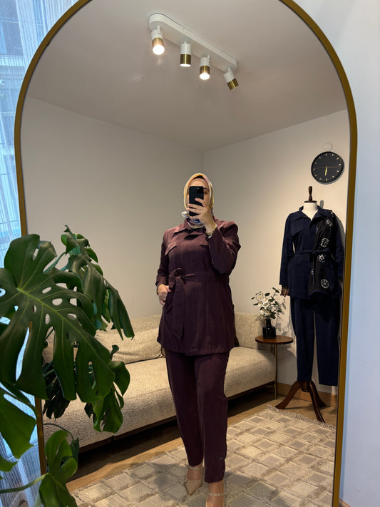Jupe Bordo Kemer Detaylı Takım